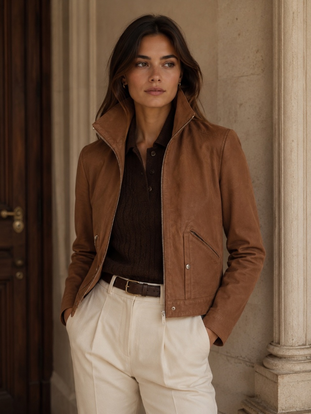 NWT Guess Marciano 100% lamb leather bomber jacket S camel brown luxury minimal